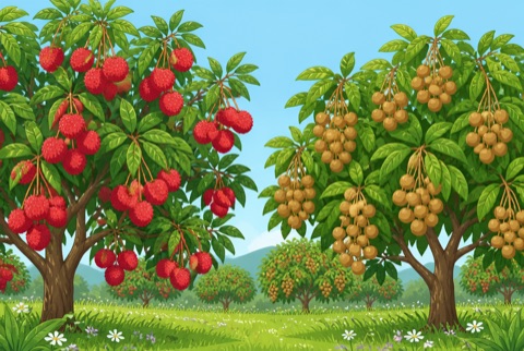 איור של עצי ליצ'י עמוסי פרי אדום לצד עצי לונגן — כנס הליצ'י והלונגן